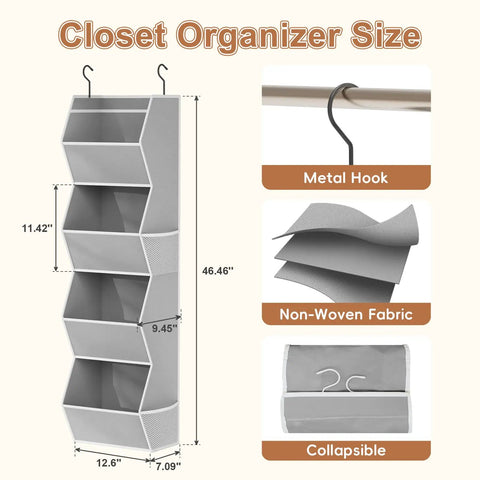 No Stress Hanging Closet Organizer With Four Collapsible Shelves And Hella Roomy Mesh Storage Pockets For Sorting Bedroom Threads And Shoes Neatly In Sleek Grey Finish