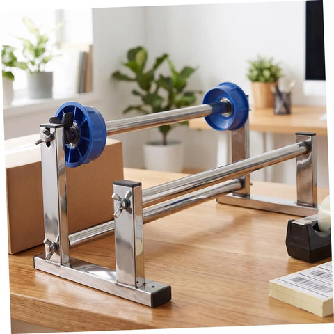 Manual Stretch Film Tool With Cutter And Adjustable Hand Operated Wrap Dispenser Stand For Easy Warehouse Wrapping Of Regular Supplies And Cargo Packaging Film In Lightweight Metal Plastic Construction, blue roll holders
