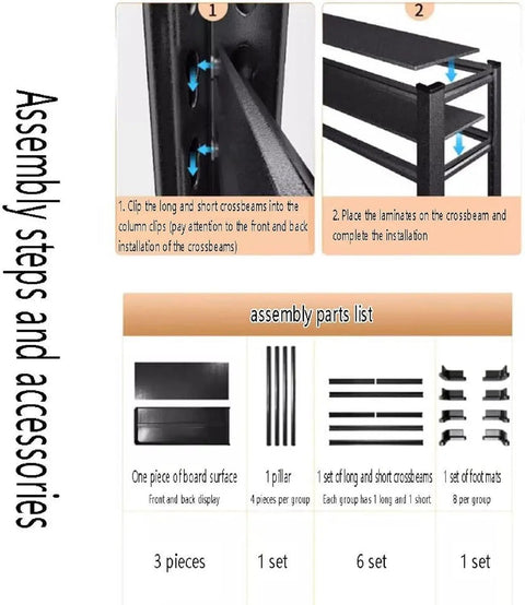 Assembly guide for Kickass Three Tier Metal Shelving Unit Freestanding Steel Storage Rack, detailing steps and parts list.