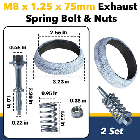 Hella Tough Exhaust Flange Bolt And Gasket Repair Kit With M8 Spring Bolts Heavy Duty Nuts Strong Coils and Lock Tight Seal Gaskets for Instant Exhaust Leak Fixes That Hit Different.