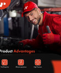 A-Premium coolant temperature sensor image; mechanic in red uniform beside a car hood, with Product Advantages icons