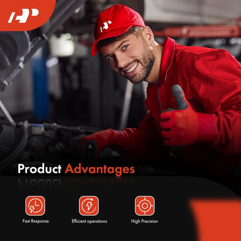 Automotive parts promo banner showing a mechanic in a red uniform giving thumbs up under Product Advantages icons.