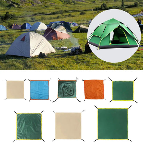 Portable Head Cloth Cover Sun Shelter Tarp For Outdoors displayed in multiple colors on grass near camping tents.