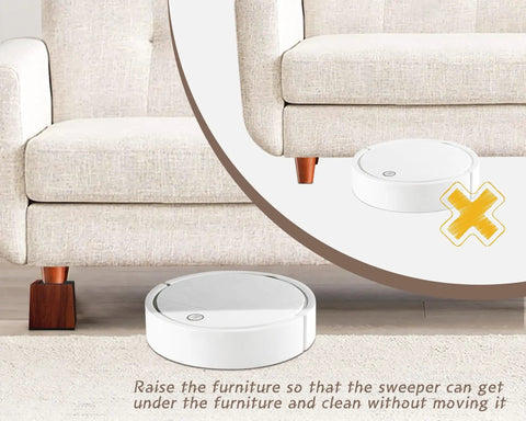 Solid Wood Bed Risers Set Of Four with a robotic sweeper under a couch, showing elevated furniture for easy cleaning.