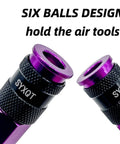 Close-up of purple connectors from One Quarter Inch Air Hose Fittings Quick Connect Kit, Fifteen Piece Air Coupler And Plug Set