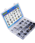 Maker Friendly Assorted Micro Momentary Tactile Push Button Switch Kit With 375 Pieces And 26 Values in a plastic organizer box.