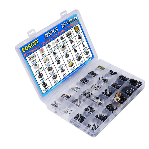 Maker Friendly Assorted Micro Momentary Tactile Push Button Switch Kit With 375 Pieces And 26 Values in a plastic organizer box.
