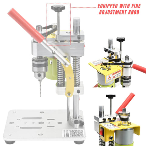 Mini Benchtop Drill Press with 7 Speed Settings and B10 Chuck, featuring fine adjustment knob, metal body visible in close-up view.