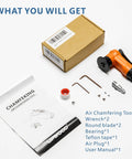 Orange air chamfering tool with round blade and 2 wrenches; includes fittings and manual in box.