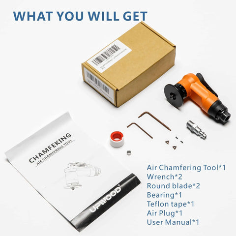Orange air chamfering tool with round blade and 2 wrenches; includes fittings and manual in box.