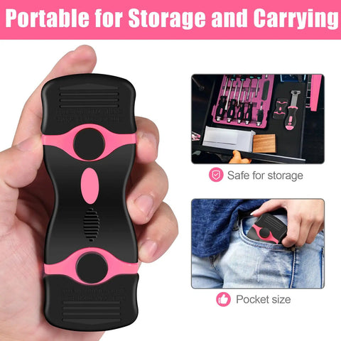 4 Pack Razor Blade Scraper Kit With 50 Blades, 20 Metal And 30 Plastic, Double Edged Handles, Long Handle Scrapers For Tackling Paint, Glue, Vinyl, Glass, Wallpaper Removal And Heavy Duty Scraping, pocket-size pink and black scraper