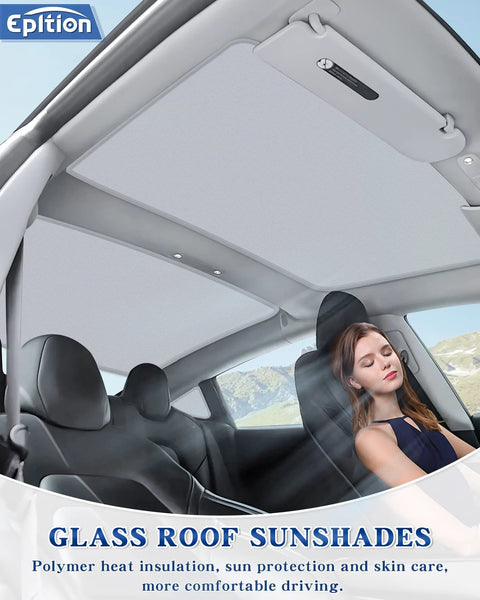 EPLTION white glass roof sunshade installed on Tesla Model 3 interior, provides heat insulation and UV protection.