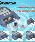 FYBOPTWU 3-in-1 fiber optic tester with optical power meter and VFL; blue handheld unit with FC/SC/ST ports, range −70 to +10 dBm