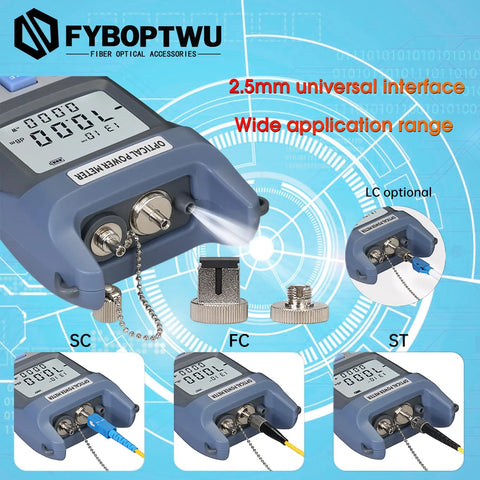FYBOPTWU 3-in-1 fiber optic tester with optical power meter and VFL; blue handheld unit with FC/SC/ST ports, range −70 to +10 dBm