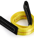 Yellow coiled nylon strap with black flat eye loops, part of 4 Pack Lifting Sling Straps 6 Ft By 1 In Durable Nylon Tow Straps