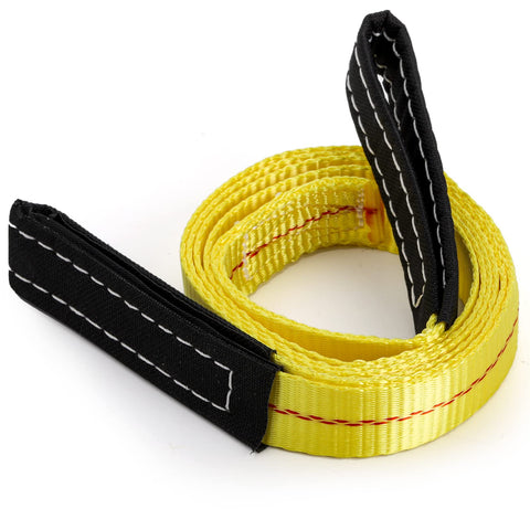 Yellow coiled nylon strap with black flat eye loops, part of 4 Pack Lifting Sling Straps 6 Ft By 1 In Durable Nylon Tow Straps