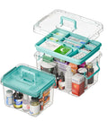 Clear Multi Layer Medicine Storage Box And First Aid Organizer For Home Office And Travel Durable Plastic With Easy Carry Handles, filled with medicines and first aid supplies.