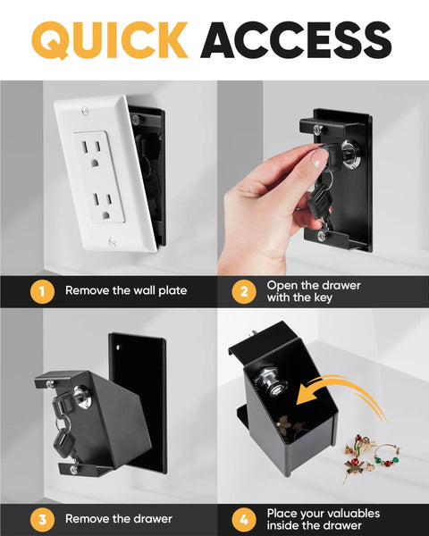 Four-step guide to using Electrical Outlet Hidden Wall Safe With Real Wall Plate Included, Easy To Install In Under 30 Minutes.