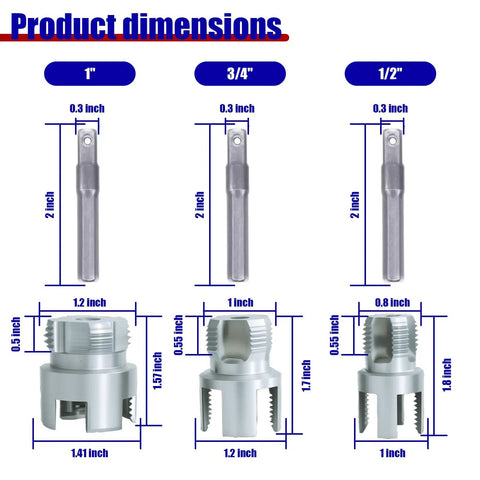 Internal And External Pipe Threading Tool Set For PVC Pipes One Half Inch Three Quarters Inch And One Inch Pro Electric Drill Compatible Pipe Threader Kit 3 Pcs For Quick Tapping And Easy Thread Cutting On Plastic Pipes dimensions diagram