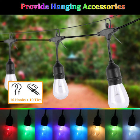 100Ft RGB String Lights With Dimmable Remotes, Waterproof Outdoor Lighting, 32 Plastic Bulbs, Ideal For Patio, Backyard, Bistro Ambience, Garden Decor And Holiday Party Vibes
