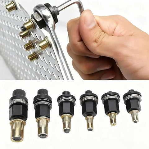 Rivet Nut Tool Kit M3 To M12 Set, 7-Piece Carbon Steel Threaded Insert Setter For Blind Rivet Nuts, Versatile Auto Shop And Metalworking Pro Grade Kit For Fast Secure Installations, with six sizes shown