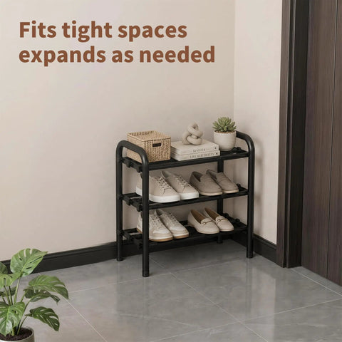 3 Tier Expandable Shoe Rack With Adjustable Telescopic Design For Entryway Or Walk In Closet Sneaker Storage Organizer To Stack Your Fresh Kicks And Keep The Setup Tight Heavy Duty Top Notch Shelving Unit