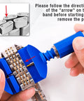 Using Pro Watch Link Removal Kit With Pin Remover Tools For Watch Band Adjustment on a silver bracelet with directions