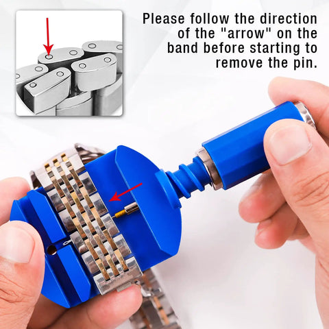 Using Pro Watch Link Removal Kit With Pin Remover Tools For Watch Band Adjustment on a silver bracelet with directions