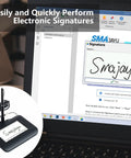 Plug And Play Digital Signature Pad With Bright Four Point Three Inch Backlit Touchscreen, capturing a signature on a laptop.