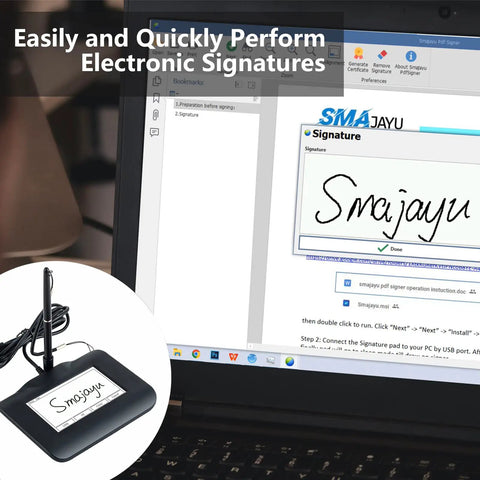 Plug And Play Digital Signature Pad With Bright Four Point Three Inch Backlit Touchscreen, capturing a signature on a laptop.