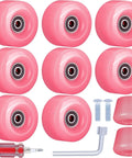 8 Pack Roller Skate Wheels With Bearings Installed And Toe Stoppers For Double Row Quad Skates And Skateboard Indoors Or Outdoors 32mm By 58mm 82A Pink Ready To Roll - image shows pink wheels, bearings, stoppers, and tools.
