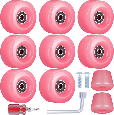 8 Pack Roller Skate Wheels With Bearings Installed And Toe Stoppers For Double Row Quad Skates And Skateboard Indoors Or Outdoors 32mm By 58mm 82A Pink Ready To Roll - image shows pink wheels, bearings, stoppers, and tools.