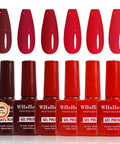 Six Piece Gel Nail Polish Set Ten Milliliter In Red Shades Burgundy Dark Red Light Red Soak Off Formula Bottles