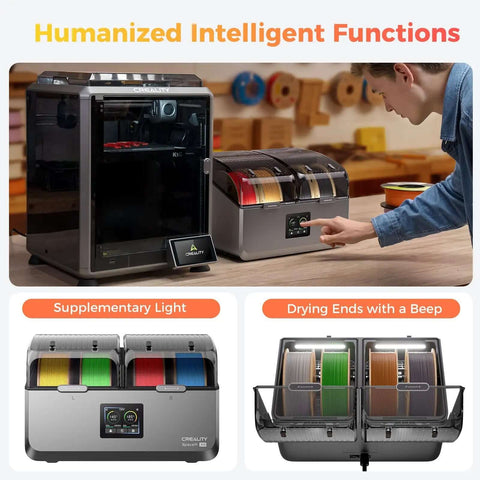 Display of Filament Dryer For Four Spools With Space Pi X4 Storage Box Dual Independent Heating Chambers for filament drying.