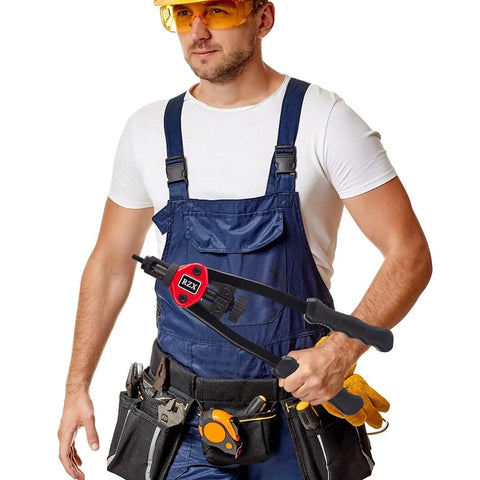 Pro Grade 13 Inch Rivet Nut Tool Kit With 60 Rivnuts And 6 Mandrels held by man in overalls and safety goggles
