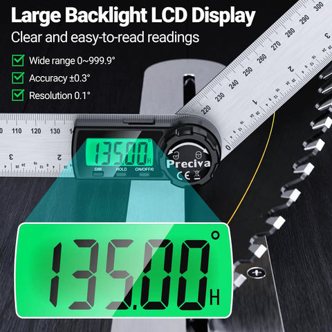 Hassle Free Rechargeable Digital Angle Finder With Type C Charging Auto Shut Down And Straight Up Precision For Heavy Duty Woodworking Carpentry And Quick Handyman Installations Game Changer displaying 135.00° on LCD.