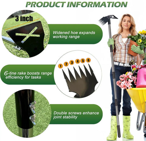 60 Inch Weed Puller with Long Handle featuring 6-tine rake and widened hoe, woman holding tool, ideal for garden cleanup.