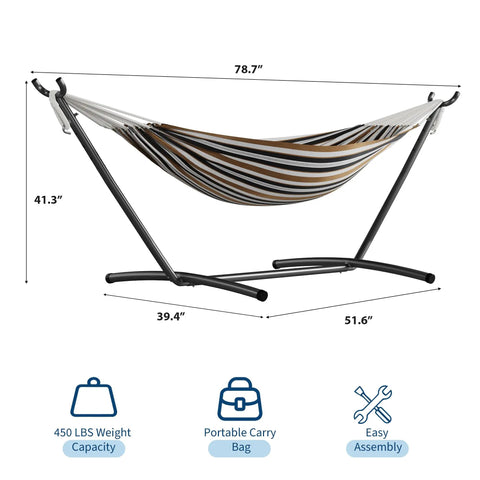 Double Hammock With Foldable Steel Stand And Carry Bag For Indoor Outdoor Use 450 Lbs Capacity Garden Camping Beach Coffee Color Easy Setup Portable Backyard Kick Back
