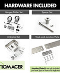 Brushed Nickel Sliding Barn Door Hardware Kit components including hangers, spacers, U brackets, track, and junction plate.