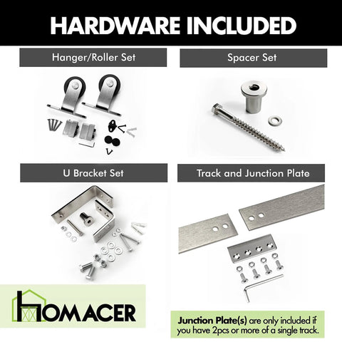 Brushed Nickel Sliding Barn Door Hardware Kit components including hangers, spacers, U brackets, track, and junction plate.