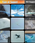 Grid of windshield damage types. Top row and middle left show minor chips suitable for DIY Windshield Chip Repair Kit With Suction Cup And UV Curing Light, 2 Pack Auto Glass Repair Kit For Chips And Cracks, Fast Fix For Cars, Easy Home Use, Includes Nano Fluid For Clear Vision