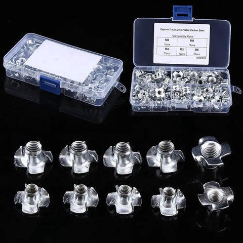 Carbon Steel Four Pronged T Nuts M8 Tee Nuts Blind Inserts With Zinc Plating For Wood Furniture Heavy Duty Fastening Kit 90 Pieces