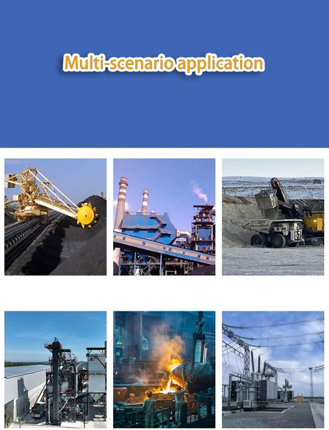 Multi-scenario application showcasing industrial operations with conveyor systems and heavy machinery.