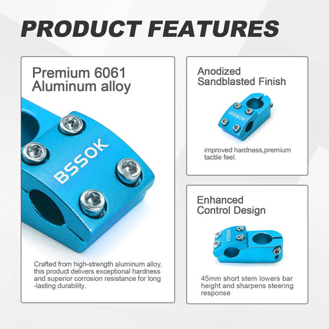 22.2mm BMX Stem 45mm Length Aluminum 6061 High Strength Freestyle Handlebar For Fixed Gear Bikes Blue Finish