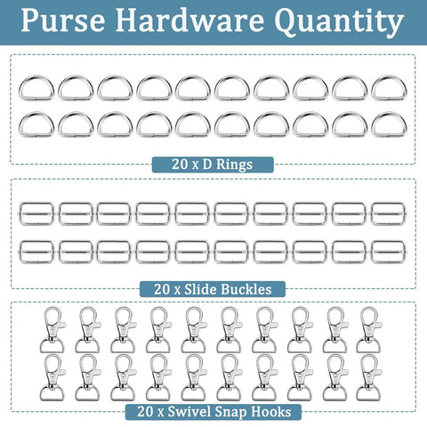 Image of Top Shelf 60 Piece Bag Making Hardware Kit featuring 20 D Rings, 20 Slide Buckles, and 20 Swivel Snap Hooks in polished silver.