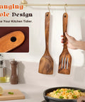 Two Pack Acacia Wood Spatulas Set with Solid and Slotted Turners Long Handle Hanging in Kitchen