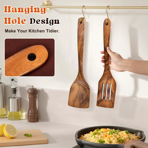 Two Pack Acacia Wood Spatulas Set with Solid and Slotted Turners Long Handle Hanging in Kitchen
