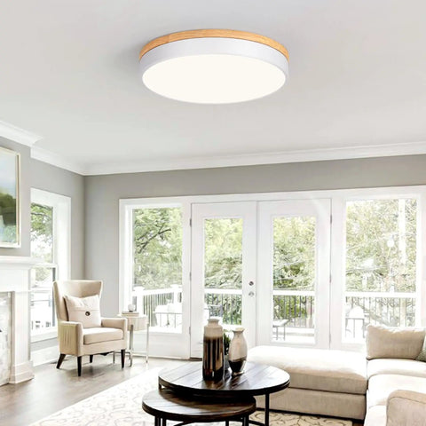 Wooden Flush Mount Ceiling Light With Dimmable LED 5CCT 2700K 6000K Round 16 Inch Ceiling Fixture For Kitchen Living Room Dining Room And Bedroom Modern Farmhouse Style Easy Install And Brilliance Control Lit