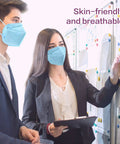 Business professionals wearing Disposable KN95 Face Mask Multicolor 5 Ply Breathable Respirator Protection Masks For Men And Women 25 Pack Blocks Over 95 Percent Of Particles For Daily Use And Comfort in an office setting.