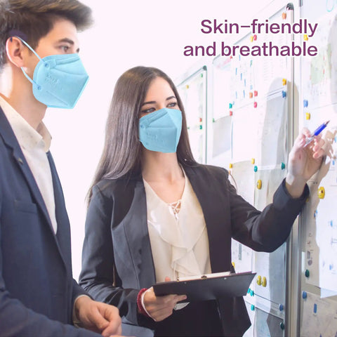 Business professionals wearing Disposable KN95 Face Mask Multicolor 5 Ply Breathable Respirator Protection Masks For Men And Women 25 Pack Blocks Over 95 Percent Of Particles For Daily Use And Comfort in an office setting.